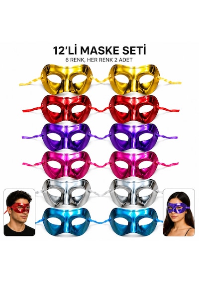 12&amp 39 Li - 386 - Metalik Venedik Parti Maskesi Seti 6 - Spt-gld - Renk Karışık Yetişkin