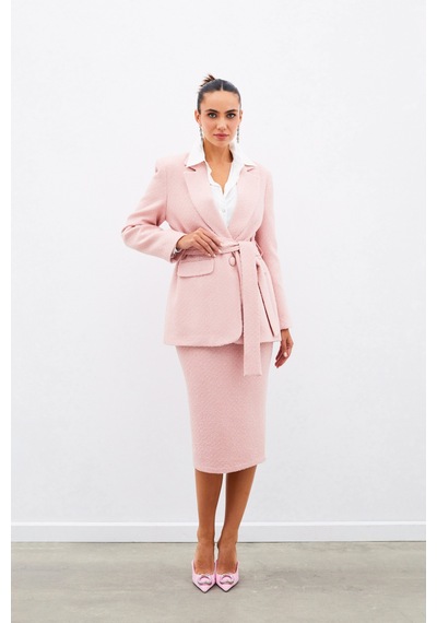 Sateen Kuşaklı Tüvit Ceket - Pudra-135021 Pudra