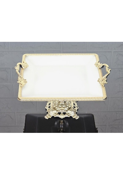 Porselen Küçük Sade Kare Servis Tabağı-sunumluk Döküm Gold Çerçeve Ve Ayaklı 22cm Beyaz