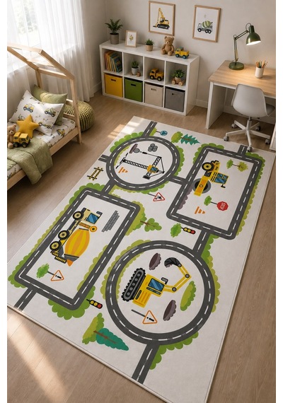 STY Home Kamyon Çocuk Oyun Halısı Kaymaz Makinede Yıkanabilir Eğitici Bebek Ve Çocuk Odası Halısı Oyun71 Beyaz