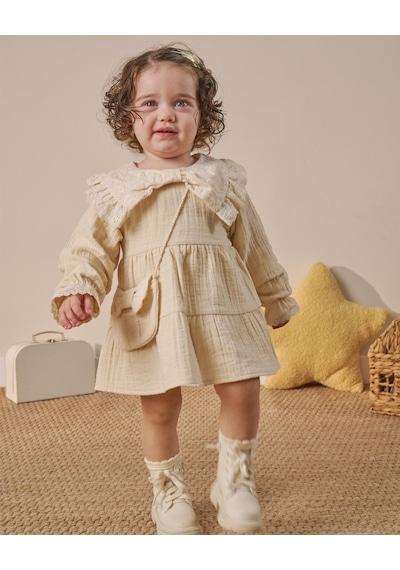 Magu Kız Bebek Pamuklu Bej Fisto Yaka Elbise Uzun Kollu, Katlı Model