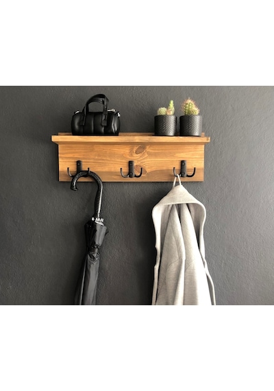 O&Awood Doğal Ahşap Vestiyer, Dekoratif 3 Askılı Portmanto, Raflı Vintage (503246659)
