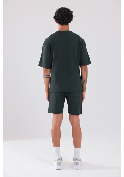 Rowinger Waffle Dokulu Oversize T-shirt Ve Şort Erkek Takım Darkgreen