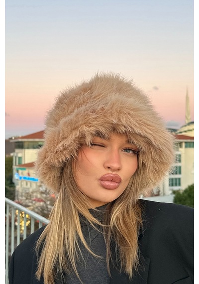 Mollycrush Luxury Kadın Camel Uzun Tüylü Suni Kürklü Peluş Rus Slav Tarzı Bucket Kalpak Şapka Camel