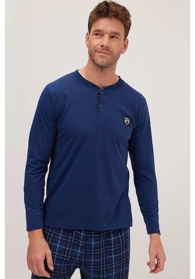 Tudors Erkek Regular Fit Pamuklu Düğmeli Yaka Beli Lastikli Desenli İndigo Pijama Takımı-39789