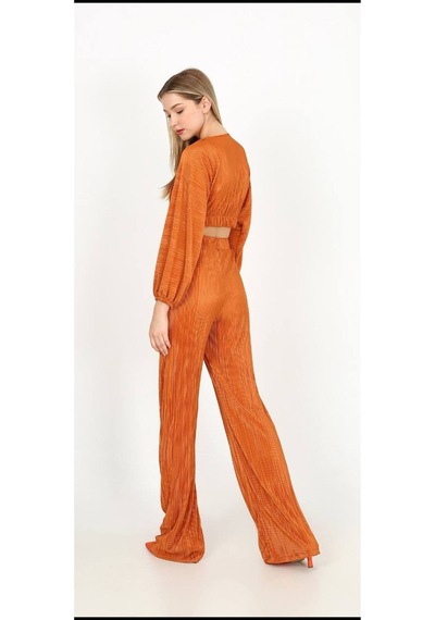 Fashion Cocktail Zarif V-yaka Fitilli Akordiyon Kumaş Crop Pantolon Takım Taba Taba