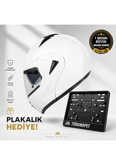 Vrt Çene Açılır Güneş Vizörlü Kask + Plakalık Beyaz
