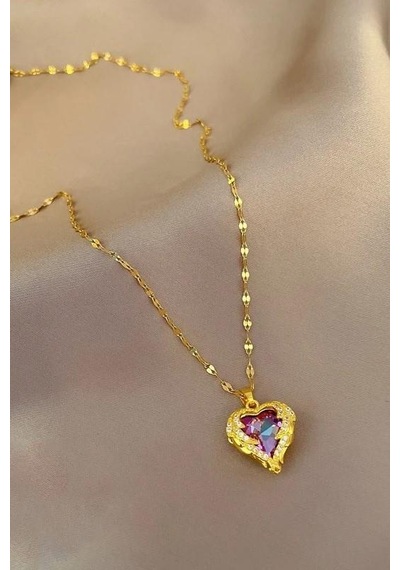Gold Renk Okyanusun Kalbi Pembe Taşlı Kadın Çelik Kolye Eck48