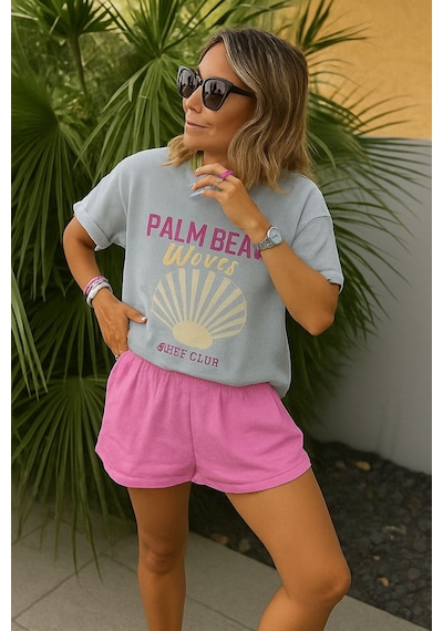 Palm Beach Waves Baskılı Unisex Tshırt Gri