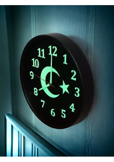 Fosforlu Gece Görünen Ayyıldız Duvar Saati Çap 28 Cm Cam Yok Siyah