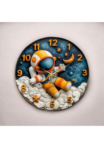 AA Shop Renkli Baskı Astronot Çocuk Desenli Sayılı Yılbaşı Hediyelik Ahşap Sessiz Tablo Duvar Saati 50cm D321 Çok Renkli