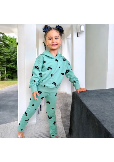 Lolliboomkids Kız Çocuk Mini Kalp Love Desenli Kapüşonlu Alt Üst Takım 2 Parça Yeni Sezon Yeşil