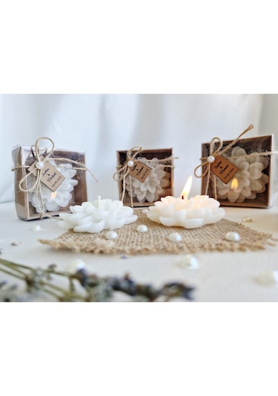 10 Adet Kişiye Özel Hediyelik Lotus Mum - Düğün, Nişan, Kına, Söz, Sünnet Hatırası Beyaz