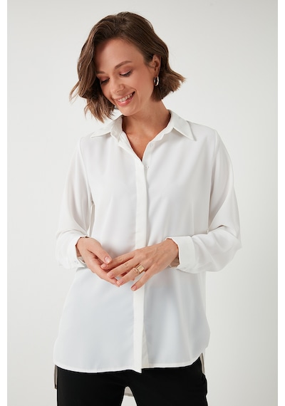 Lela Regular Fit Önü Kısa Arkası Uzun Düz Bayan Gömlek 611Go020 Ekru