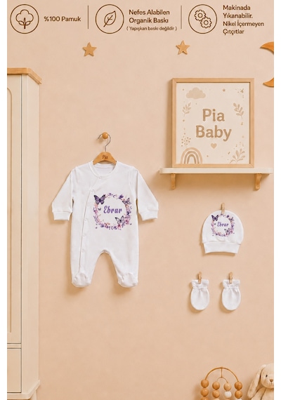 Pia Baby Kız Bebek Hastane Çıkışı 4 Lü Tulum Seti %100 Pamuk Kişiye Özel İsim Baskılı Battaniyeli 1043btyx Ekru