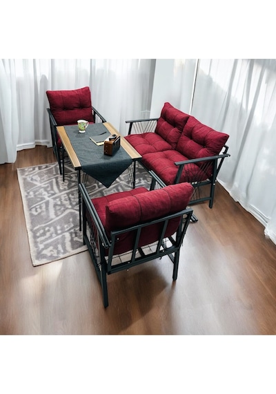 Lüx Bahçe Balkon Mobilyası , Koltuk Takımı , Cafe 2-1-1 Masalı Takım Bordo