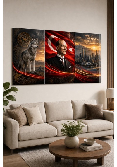 Atatürk Türk Bayrağı Bozkurt Baskılı Cam Tablo Uv Baskı Dekoratif Duvar Tablosu