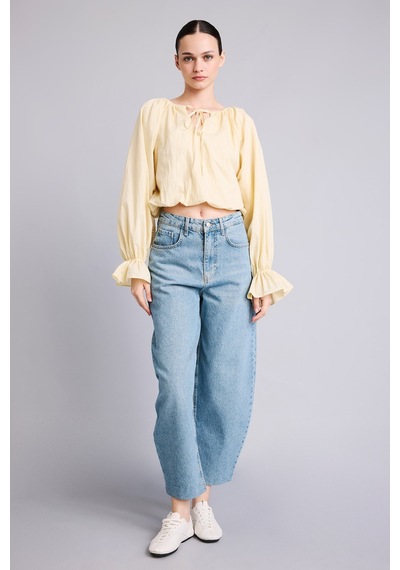 Defacto Regular Fit Büzgülü Balon Kollu Crop Poplin Basic Bluz I4684ax26aubg355 Bej-bg355