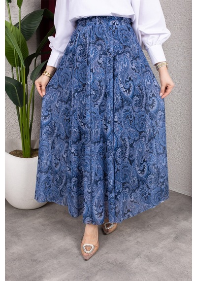 Hira Life Fashion Asimetrik Kesim Etnik Desen Astarlı Tül Tesettür Etek Mavi Mavi