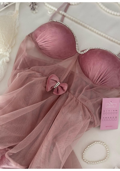 Mh Moony Homewears Kutulu Njord Pembe Kadife Lüks Taş Detay Gecelik Gül Pembe