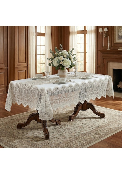 Fınezza1605 - 8690000058822 - Lilyum Dantelli Kadife Krem/bej Masa Örtüsü Dikdörtgen 160x230 Cm - 1605 Çok Renkli
