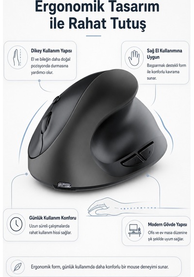 Type-c Şarjlı Dikey Ergonomik Kablosuz Mouse Bluetooth Siyah Sağ El Kullanımına Uygundur Çok Renkli Diğer Type-c Şarjlı Dikey Ergonomik Kablosuz Mouse Bluetooth Siyah Sağ El Kullanımına Uygundur Çok Renkli Diğer