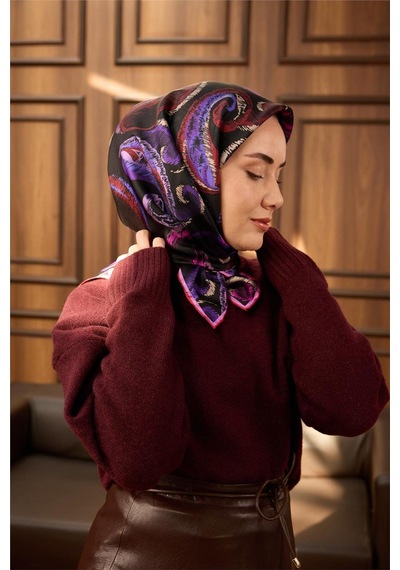 Silk Home Twill İpek Eşarp Siyah-fuşya Desenli Tok Duruşlu 90x90 Çok Renkli