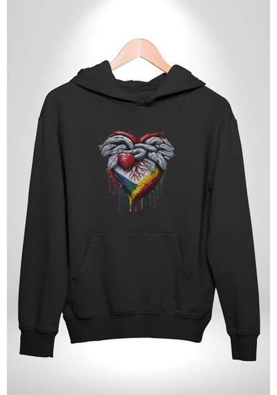 Kalp Damar Renkli Boyalı Kadın Erkek Siyah Kapüşonlu Sweatshirt Hoodie Siyah