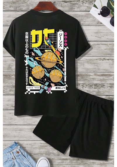 Uyguntarz Tokoyaki Baskı Şort Takım Siyah