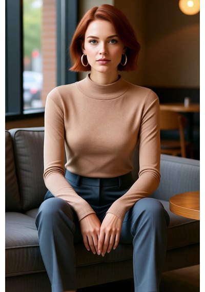 Ersefa Moda Dik Yaka Örme Slim Düz Desen Casual Günlük Regular Uzun Kol Vizon
