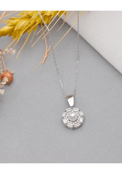 Brezza Lusso Jewelry 925 Ayar Gümüş Işıltılı Baget Taşlı İnci Kadın Gümüş Kolye 45 CM 45 CM