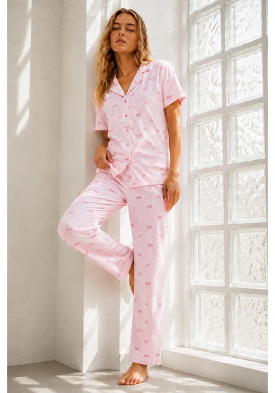 Kadın Genç Loose İpliği Boyalı Pembe Pijama Takımı