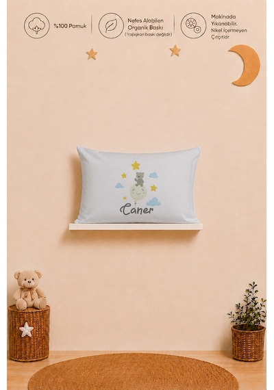 İsme Özel Erkek Bebek Yastık Kılıfı 35x45 Cm %100 Pamuk Organik Baskılı İsimli Bebek Hediyesi 2042y