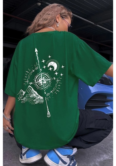 Unisex Pusula Baskılı Tasarım T-shirt Yeşil