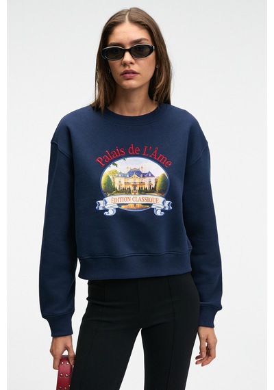 ETHIQUET TAL ERA Kadın Önü Baskılı Yuvarlak Yaka Lacivert Sweatshirt