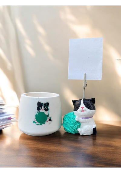 Turkuaz Yumaklı Kedi Fotoğraf - Not Tutuculu Obje Saksı Seti Hediyelik Ofis Seti Su Yeşili