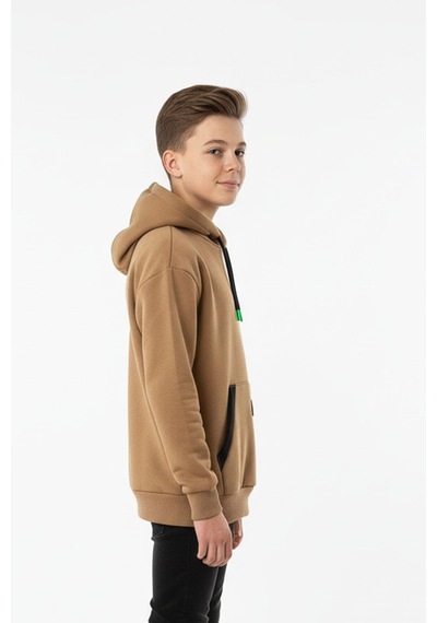 Kapüşonlu Kanguru Cepli Detaylı Şardonlu 100% Pamuk 3 İplik Erkek Çocuk Sweatshirt-90841 Kahverengi