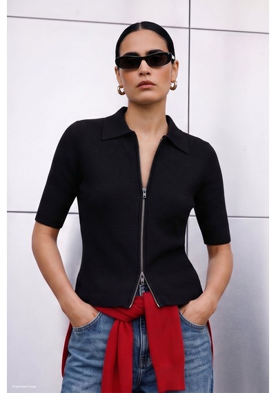 Sateen Kısa Kollu Fermuarlı Triko - Siyah-137953