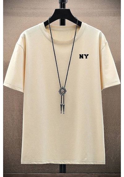 Erkek Ny Baskılı Oversize Tshirt Bej