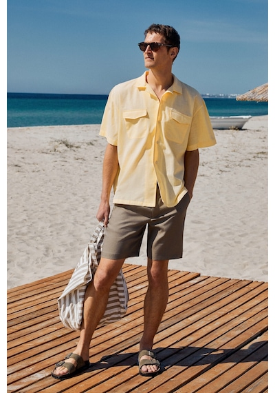 Grımelange TERO Erkek %100 Pamuk Apaj Yaka Kısa Kollu Flamlı Oxford Comfort Fit Hawaii Sarı Gömlek