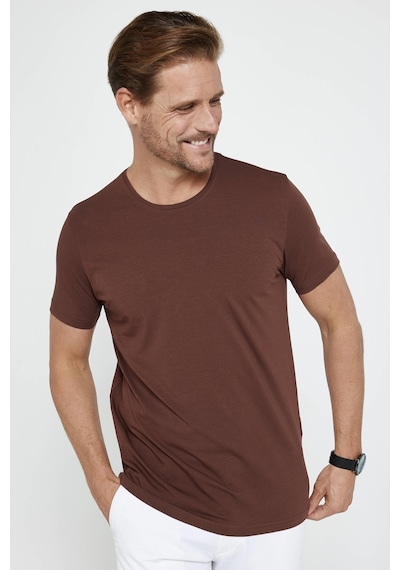 Tudors Erkek Slim Fit Dar Kesim Pamuklu Likralı Esnek Kumaş Basic Kahverengi Bisiklet Yaka Tişört-31218 Kahverengi