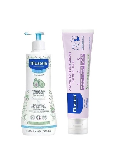 Mustela Doğal Bakım Seti Mustela Yenidoğan Şampuanı 500 Ml + Vitamin Bariyer 1.2.3 Pişik Kremi 100 Ml