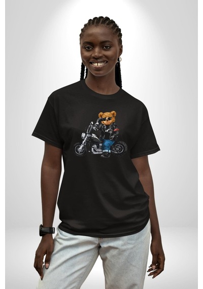 Kask Güneş Gözlüğü Motor Ayı Pamuklu Bisiklet Yaka Unisex Oversize Boyfriend Dijital Baskılı Siyah T-shirt Siyah