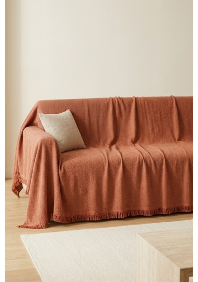 İskandinav Dokulu Pamuklu Saçaklı Koltuk Örtüsü Ve Koltuk Şalı Kaymaz Terletmez 180x300 Cm Kırmızı