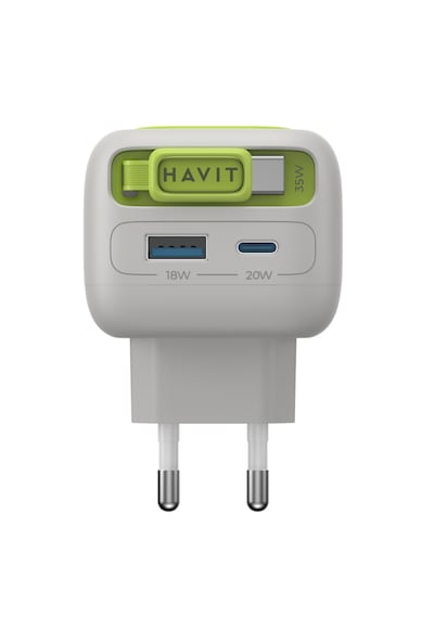 Havit Uc251 35w Gan Pd Hızlı Şarj Adaptörü - Geri Sarılan Usb-c Kablolu, Usb-a/usb-c Gri - Yeşil