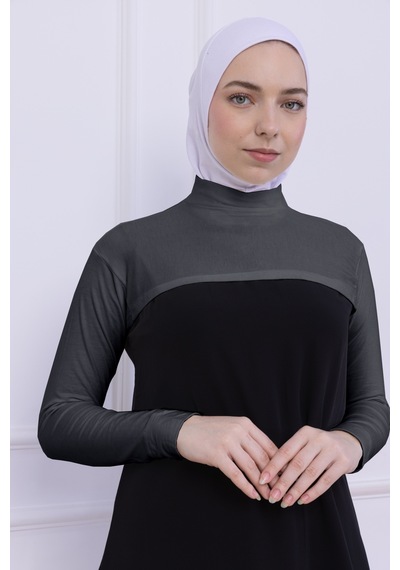 Loggia Balıkçı Yaka Boyunluklu Kolluk Gri - Likralı Dik Yakalı Kadın Body Tesettür Crop Bolero Gri