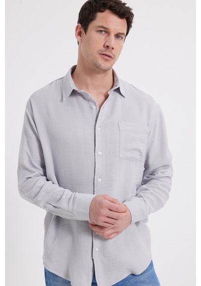 Tudors Erkek Relax Fit Rahat Kesim Oversize Müslin Viskon Pamuklu Tek Cepli Düz Gri Gömlek-42676