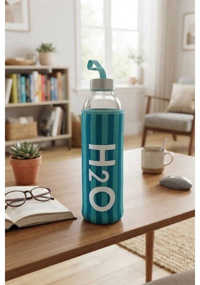 H2o Desenlı Kılıflı 750 Ml Cam Matara Çızgı Yeşil