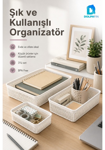 Jute Çok Amaçlı Sepet 3 Lü Set 1,5 L 2,5 L 5 L Mutfak Banyo Dolap İçi Saklama Organizeri beyaz