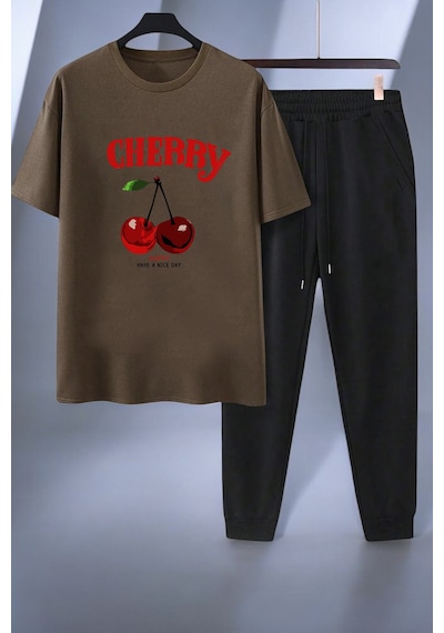 Uyguntarz Unisex Happy Cherry Tasarım Basklı Tshirt Eşofman Takımı Kahverengi